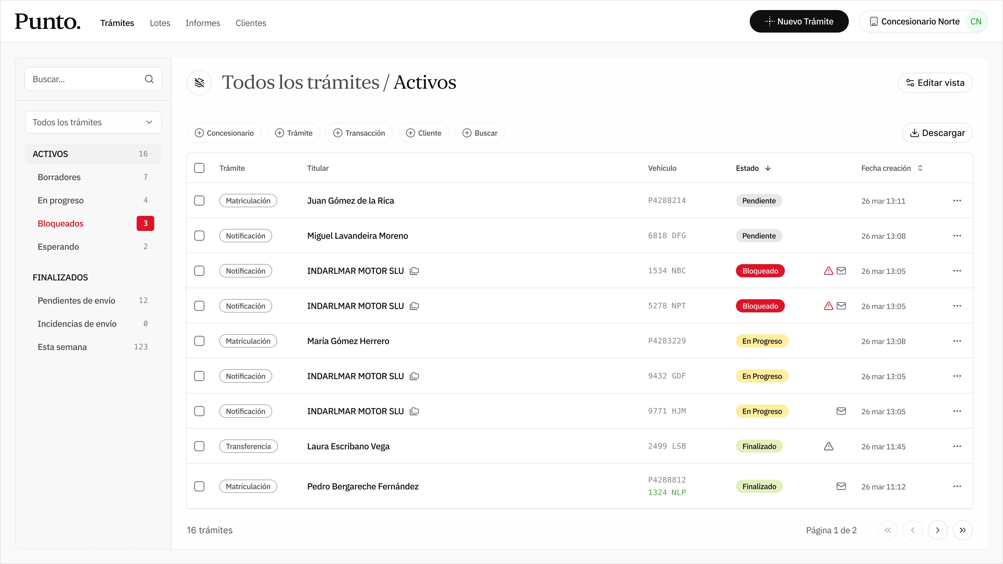 Panel de Punto Auto mostrando trámites activos con estados en tiempo real