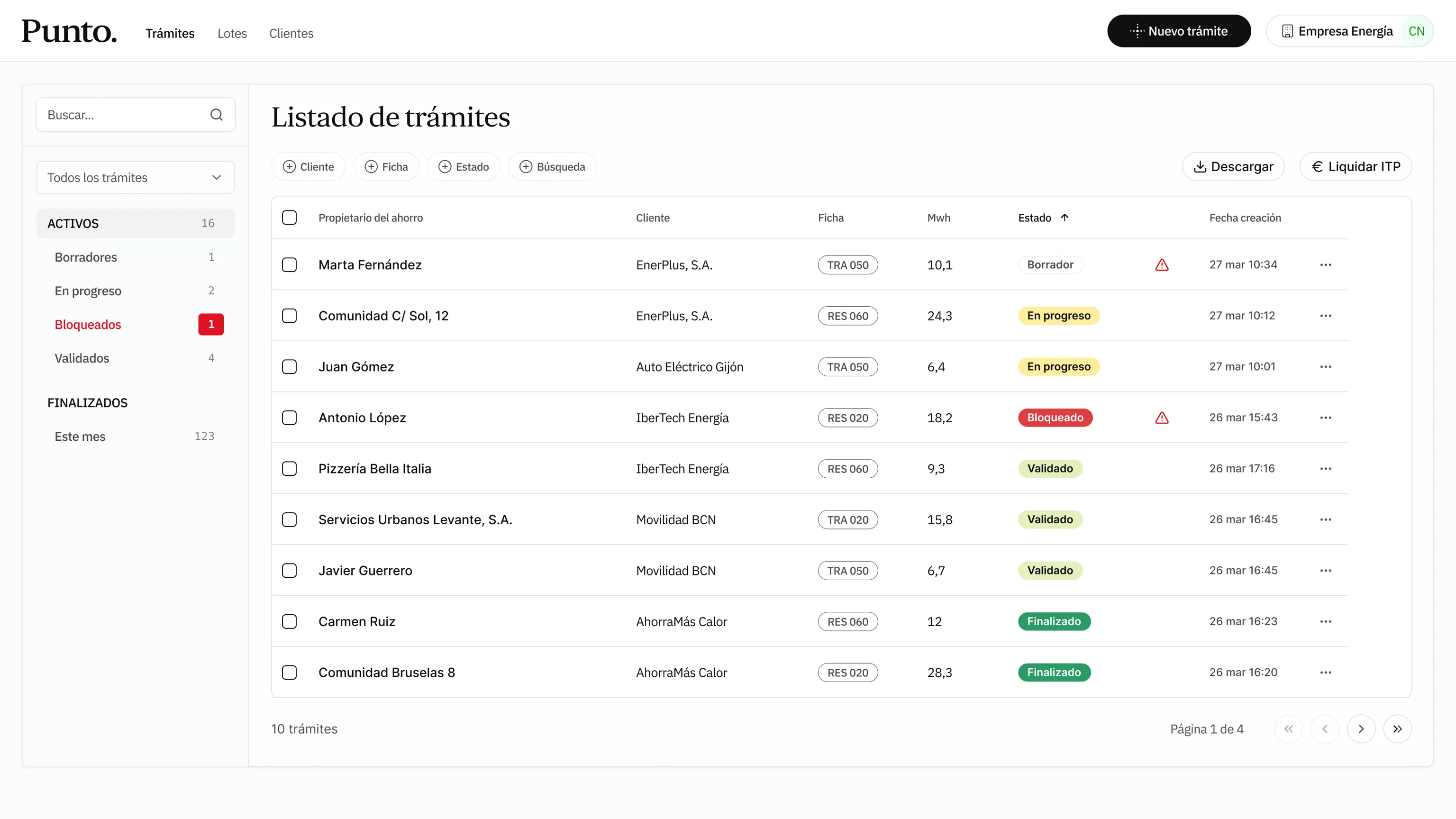 Panel de Punto Energy mostrando el listado de trámites CAE con estados en tiempo real