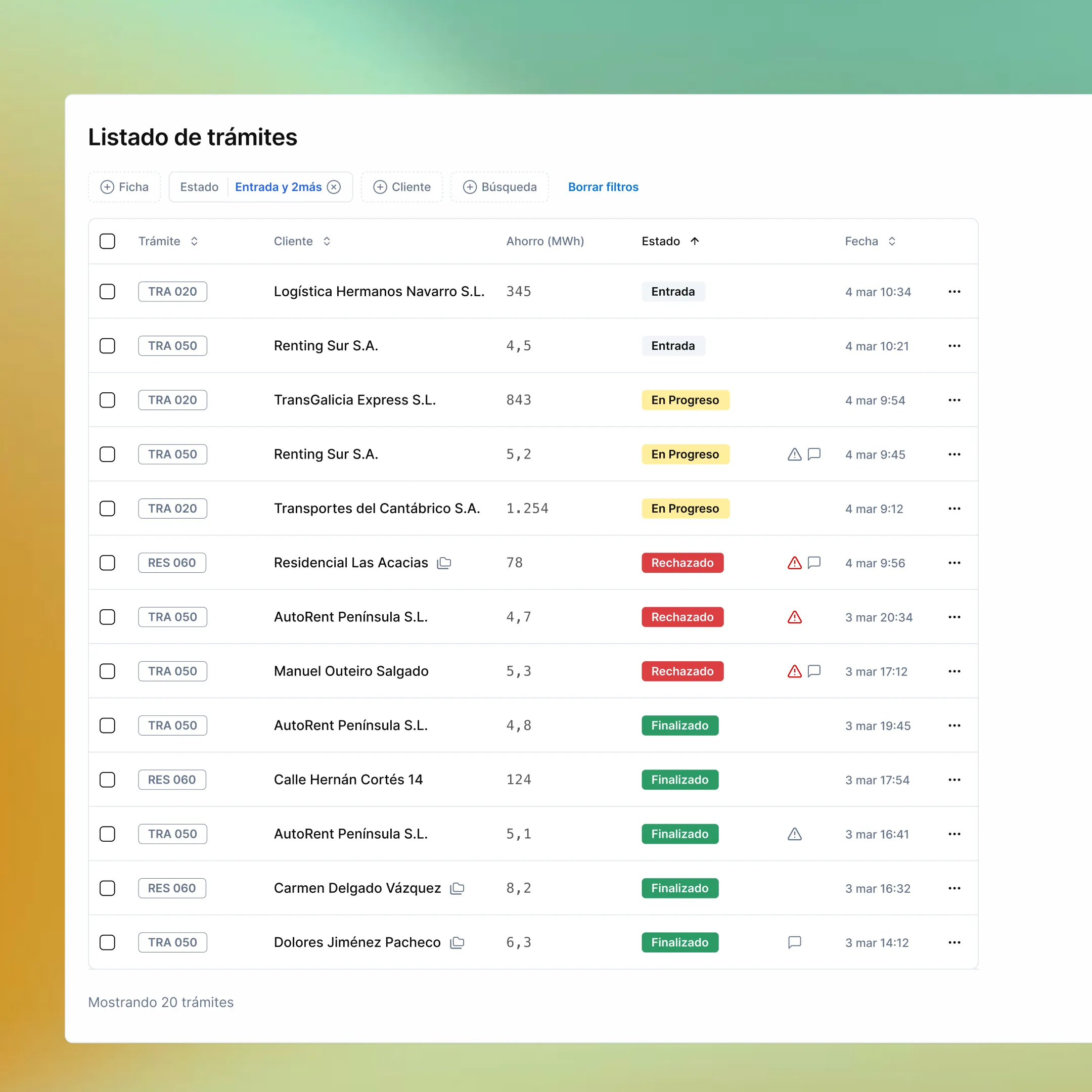 Panel web de Punto Energy para gestión de expedientes CAE de transporte